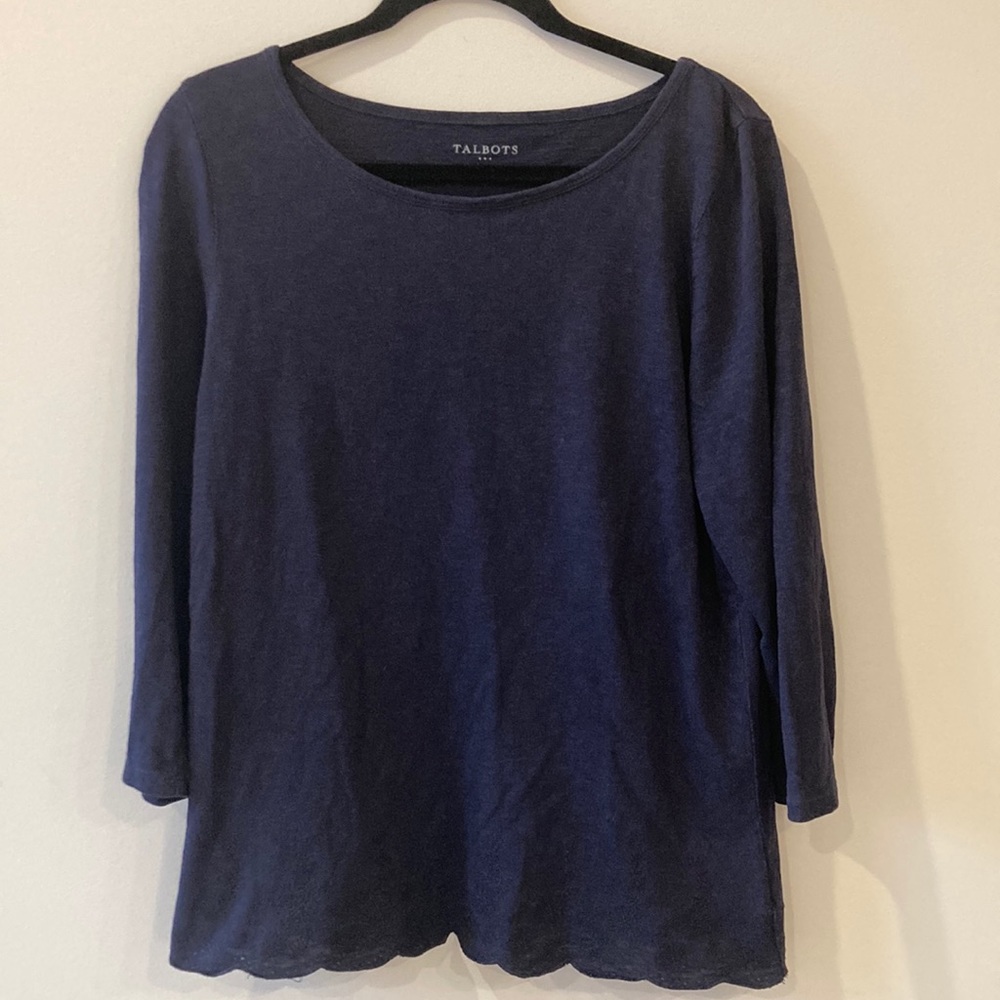 TALBOTS navy cotton shirt with embroidered spring flowers and a scalloped hem